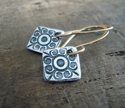 French Quarter Earrings -Diamond - Oxidized fine silver. 14kt Goldfill. Mixed Metal. Handmade