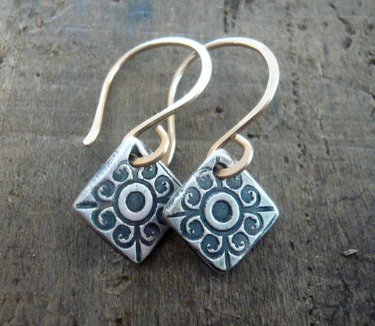French Quarter Earrings -Diamond - Oxidized fine silver. 14kt Goldfill. Mixed Metal. Handmade