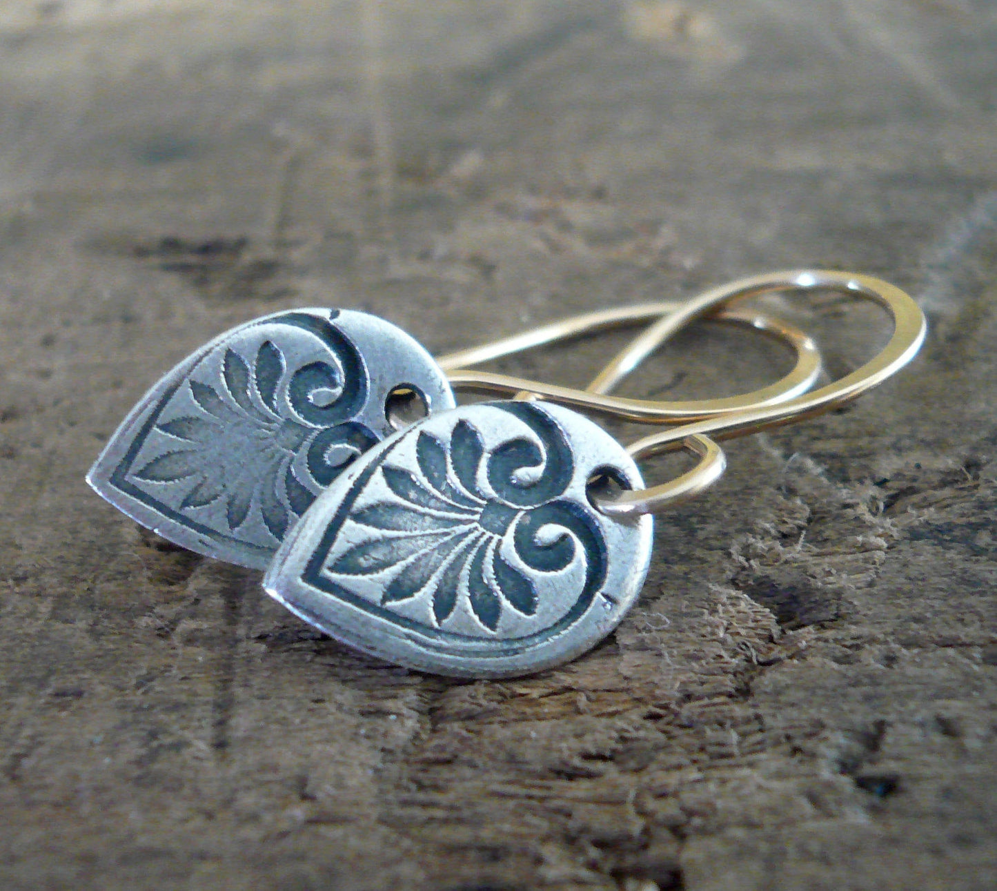 French Quarter Earrings - Leaf - Oxidized fine silver. 14kt Goldfill. Mixed Metal. Handmade