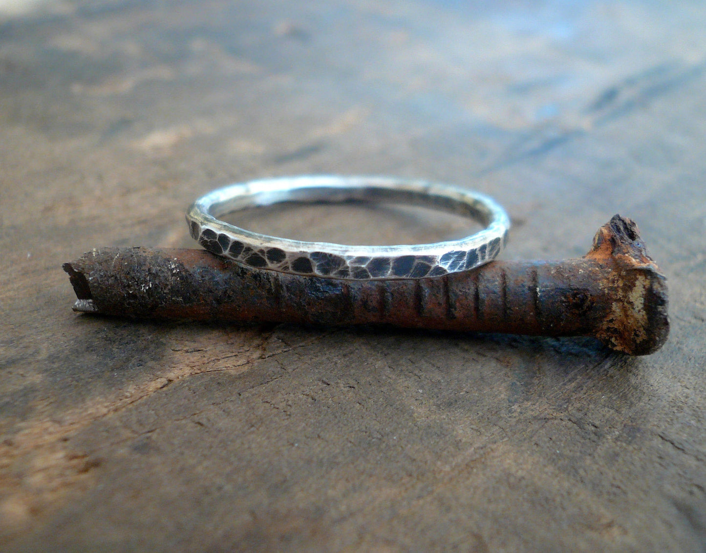 Mangly Ring - Sterling Silver Oxidized Hammered Stacking Ring. Hand made by jNic Designs