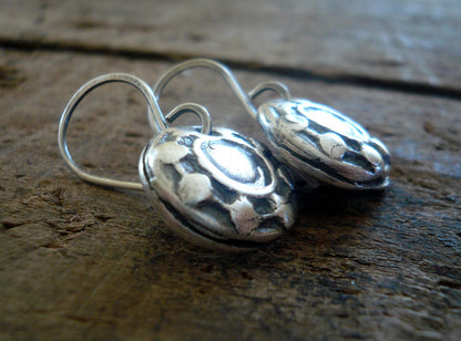 Concho Earrings - Handmade. Oxidized fine and sterling silver dangle earrings