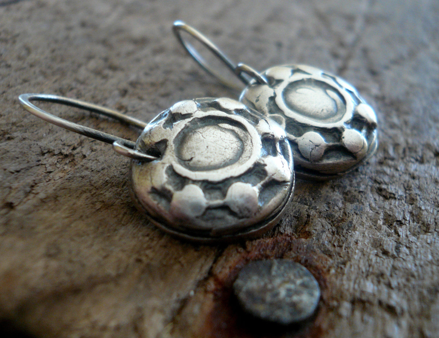 Concho Earrings - Handmade. Oxidized fine and sterling silver dangle earrings