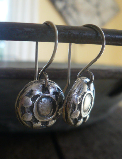 Concho Earrings - Handmade. Oxidized fine and sterling silver dangle earrings