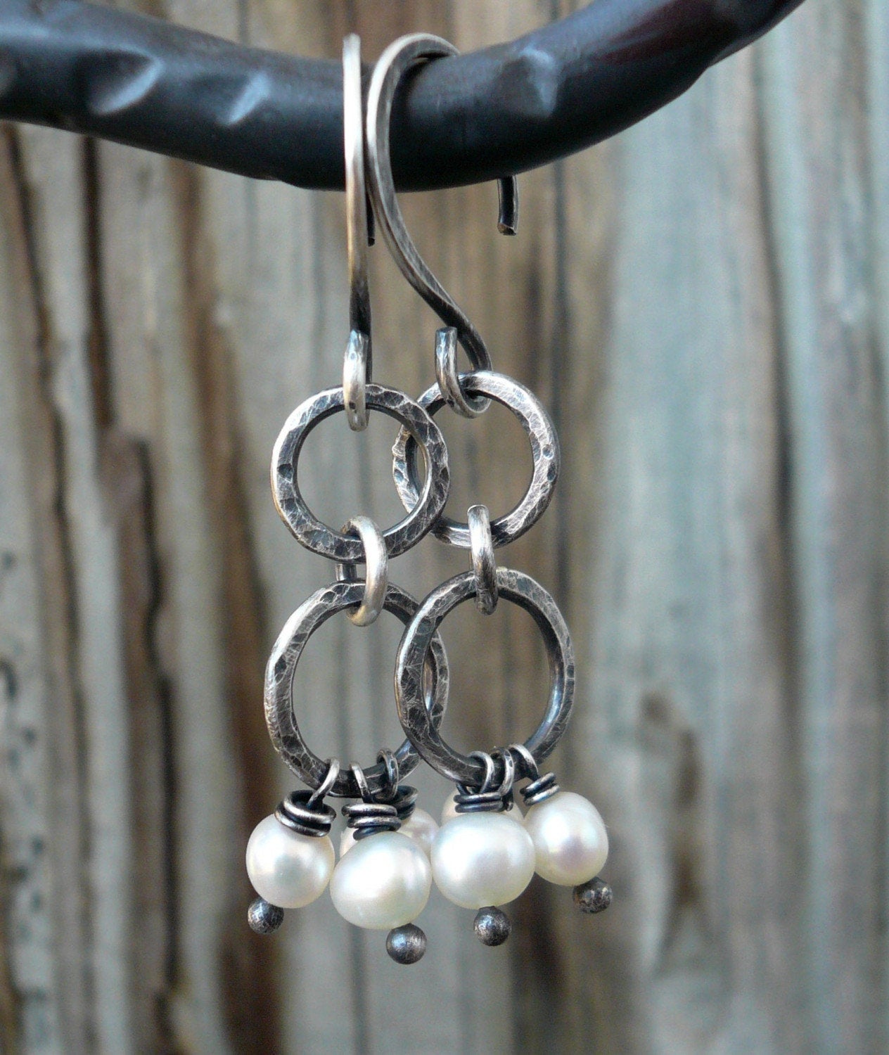 Trinity Earrings. Handmade. Freshwater pearls. Oxidized, hammered sterling silver