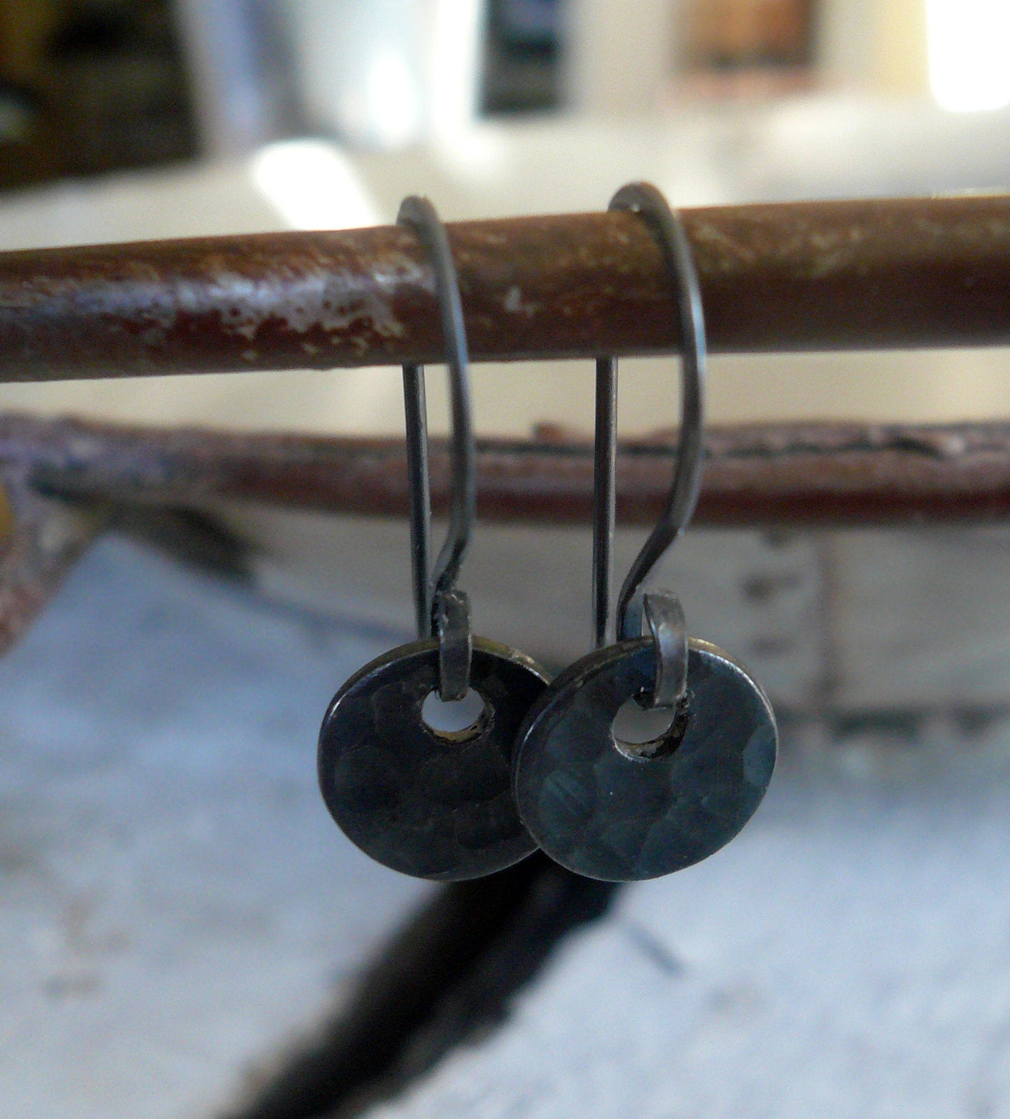 Essential Earrings Small Round - Handmade. Oxidized fine and sterling silver dangle earrings