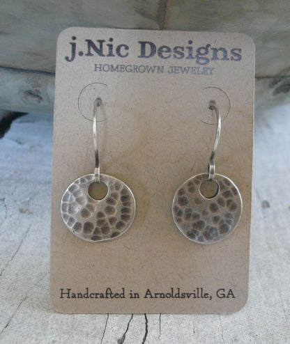 Essential Earrings Large Round - Handmade. Brushed/Oxidized fine and sterling silver hammered dangle earrings