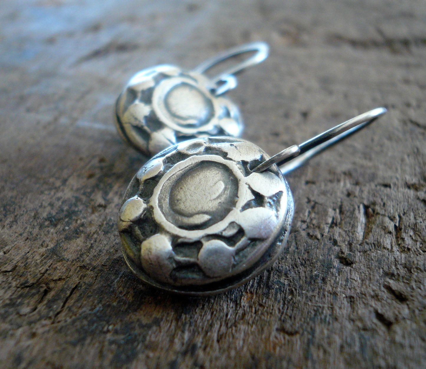 Concho Earrings - Handmade. Oxidized fine and sterling silver dangle earrings