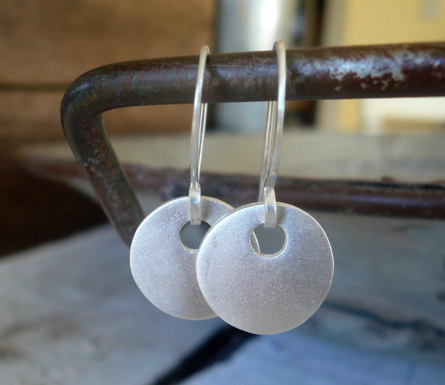 Essential Earrings Medium Round - Handmade. Brushed/Oxidized fine and sterling silver dangle earrings