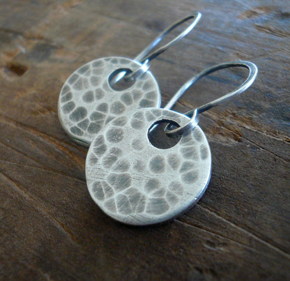 Essential Earrings Large Round - Handmade. Brushed/Oxidized fine and sterling silver hammered dangle earrings