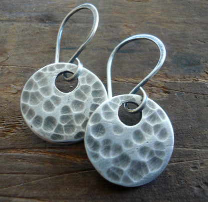 Essential Earrings Large Round - Handmade. Brushed/Oxidized fine and sterling silver hammered dangle earrings