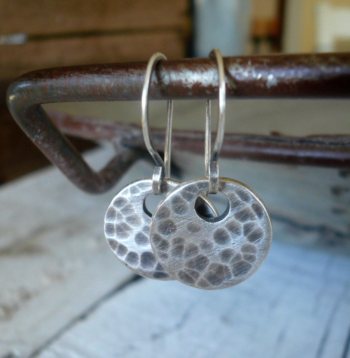 Essential Earrings Large Round - Handmade. Brushed/Oxidized fine and sterling silver hammered dangle earrings