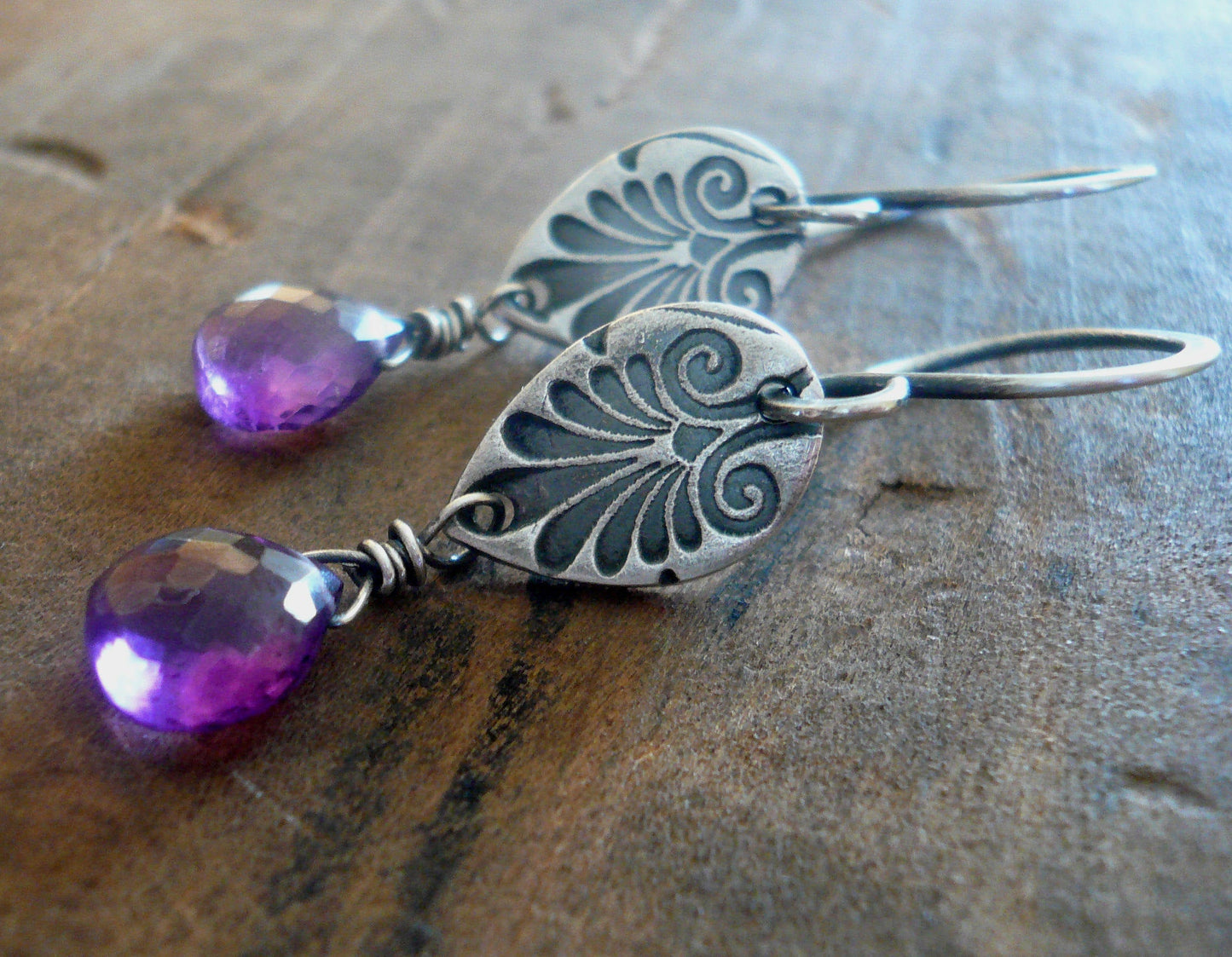 French Quarter in February Earrings - Amethyst. Oxidized fine & sterling silver. Handmade Dangle earrings