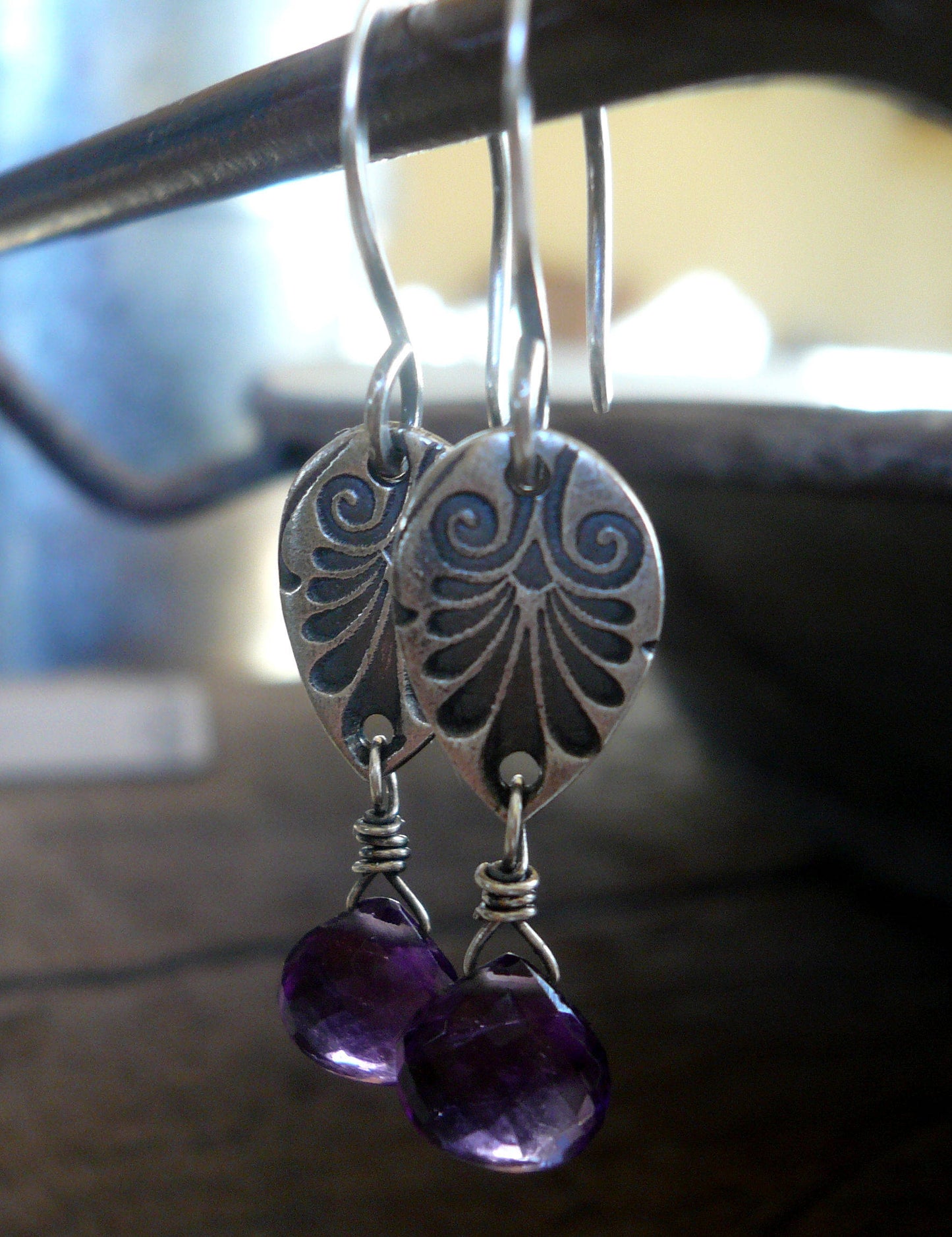 French Quarter in February Earrings - Amethyst. Oxidized fine & sterling silver. Handmade Dangle earrings