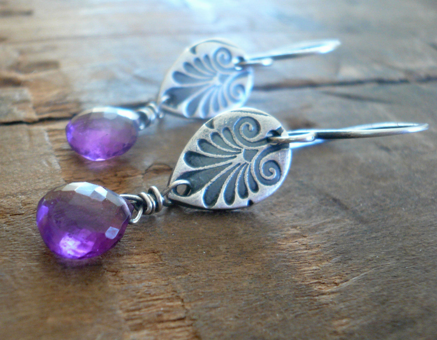 French Quarter in February Earrings - Amethyst. Oxidized fine & sterling silver. Handmade Dangle earrings