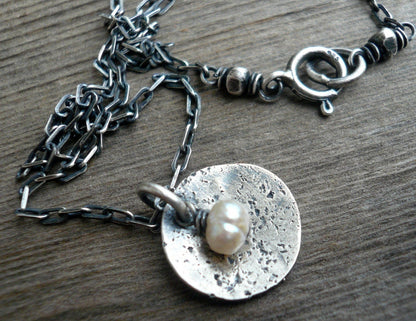 Overcast Necklace - Handmade. Pearls. Hammered, textured, oxidized sterling silver