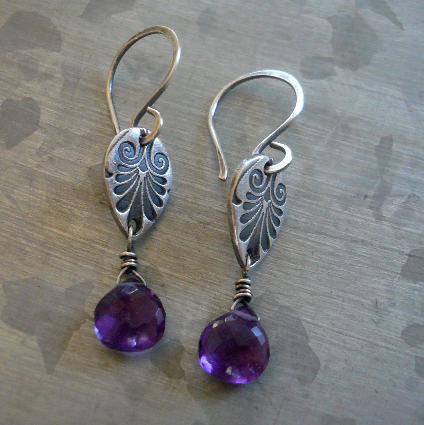 French Quarter in February Earrings - Amethyst. Oxidized fine & sterling silver. Handmade Dangle earrings