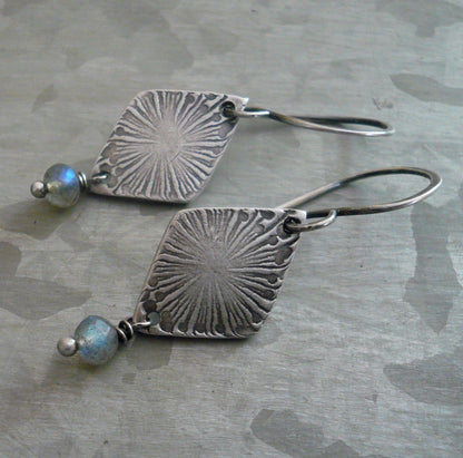 Serein Earrings- Oxidized fine and sterling silver. Labradorite. Dangle earrings.Handmade