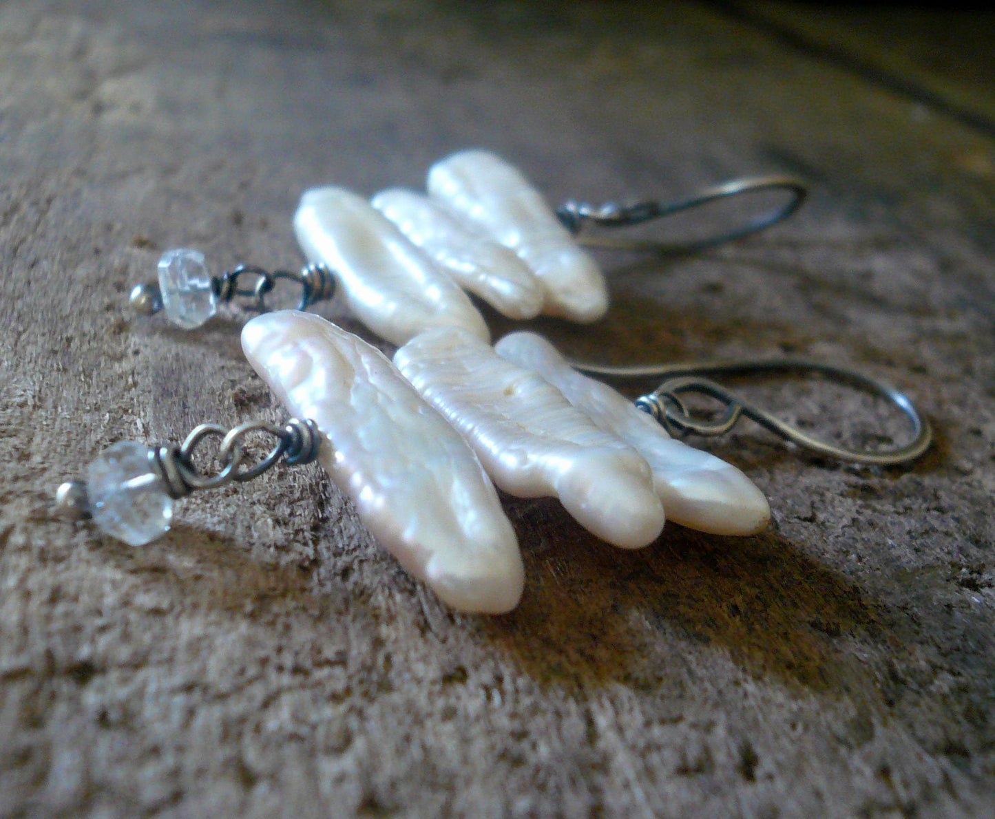 Noor - Oxidized sterling silver dangle Earrings. Freshwater stick pearls and Rock Crystal Quartz. Handmade