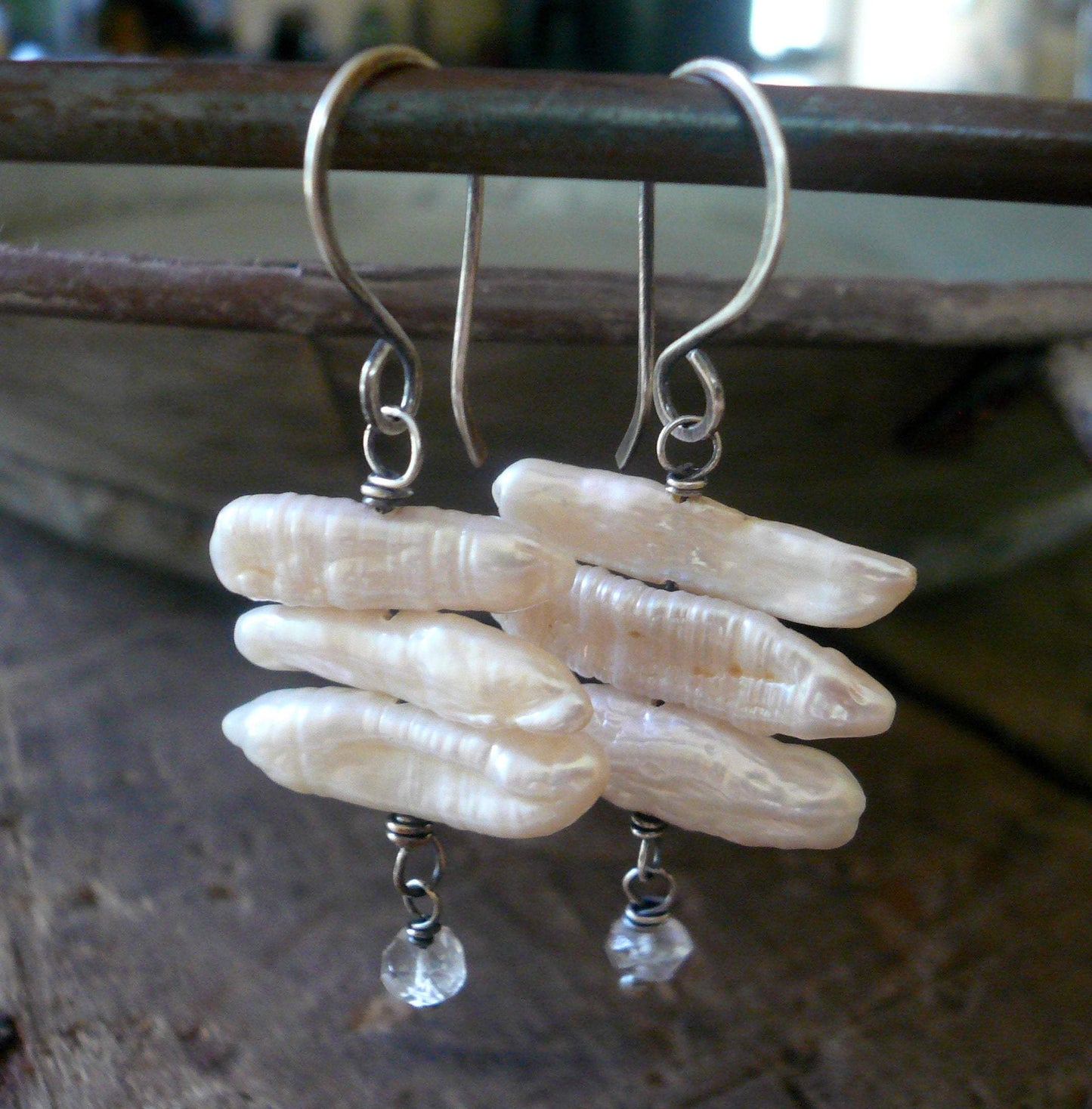 Noor - Oxidized sterling silver dangle Earrings. Freshwater stick pearls and Rock Crystal Quartz. Handmade