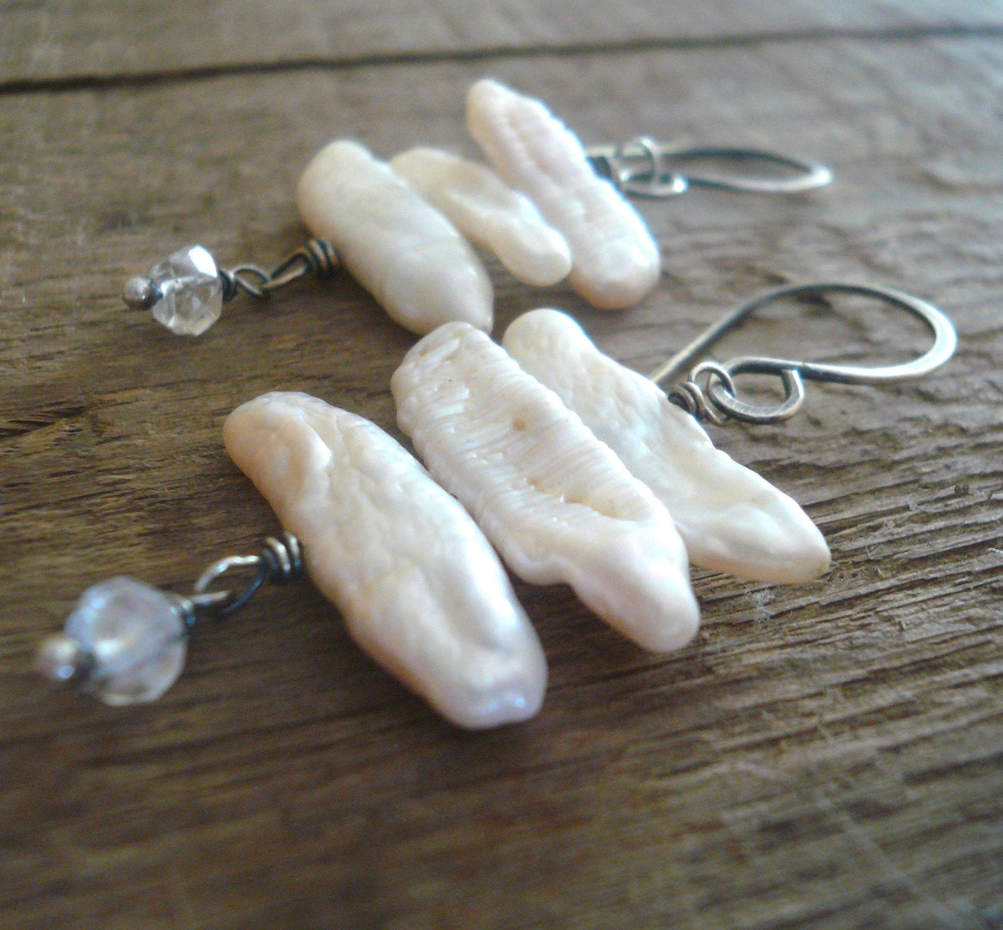 Noor - Oxidized sterling silver dangle Earrings. Freshwater stick pearls and Rock Crystal Quartz. Handmade