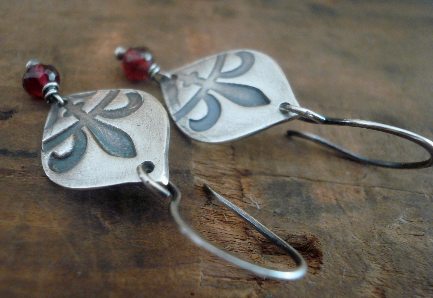 Creole Collection Birthstone Earrings- Choice of Gemstones. Oxidized Sterling and Fine Silver Dangle Earrings. Garnet.