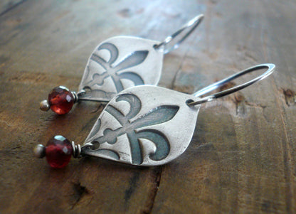 Creole Collection Birthstone Earrings- Choice of Gemstones. Oxidized Sterling and Fine Silver Dangle Earrings. Garnet.
