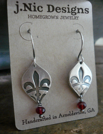 Creole Collection Birthstone Earrings- Choice of Gemstones. Oxidized Sterling and Fine Silver Dangle Earrings. Garnet.