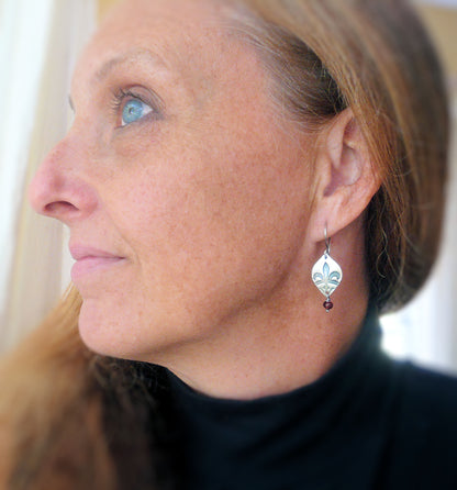 Creole Collection Birthstone Earrings- Choice of Gemstones. Oxidized Sterling and Fine Silver Dangle Earrings. Garnet.