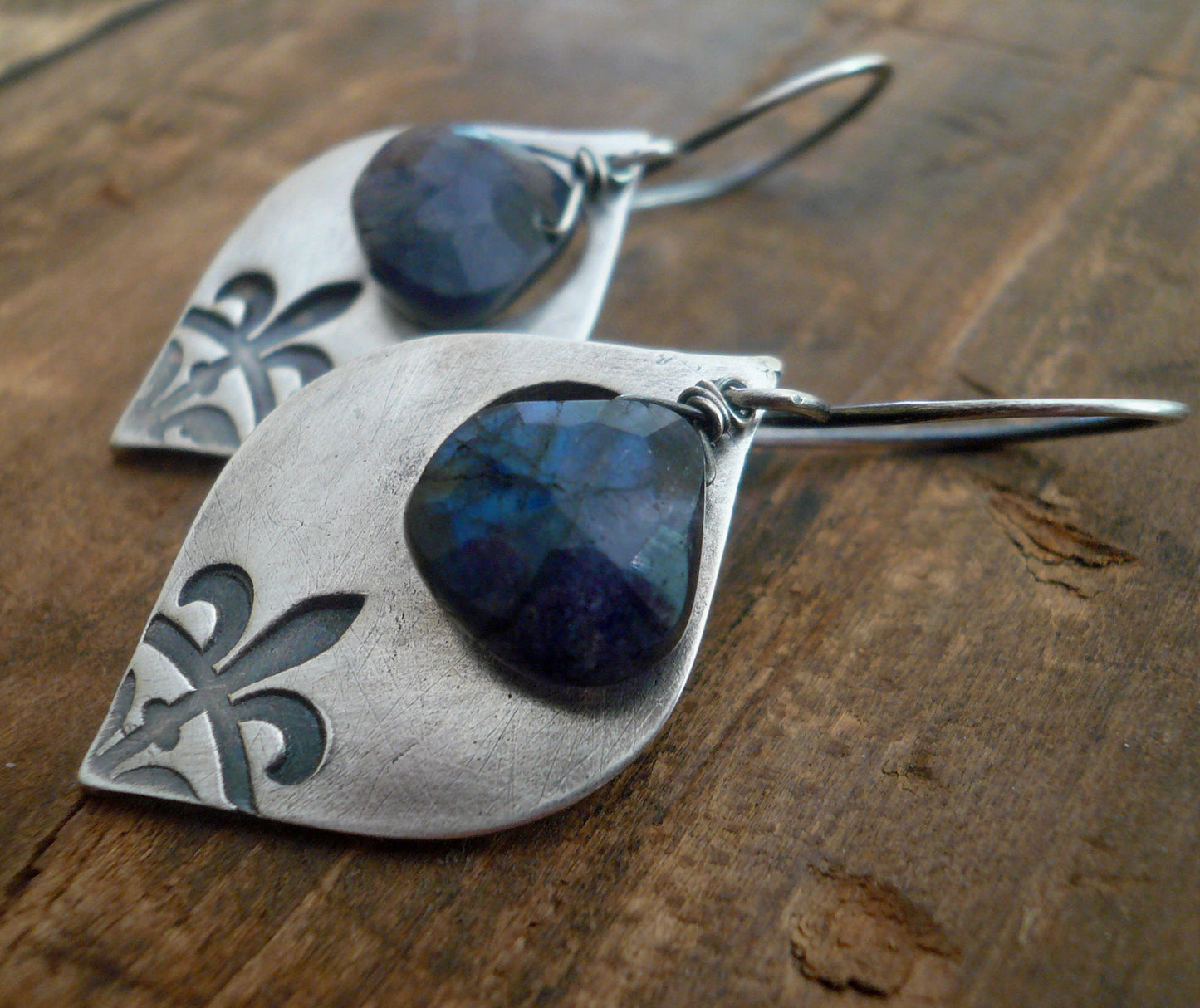 Creole Collection Drop Earrings- Spectrolite (Blue Labradorite). Oxidized Sterling and Fine Silver Dangle Earrings.