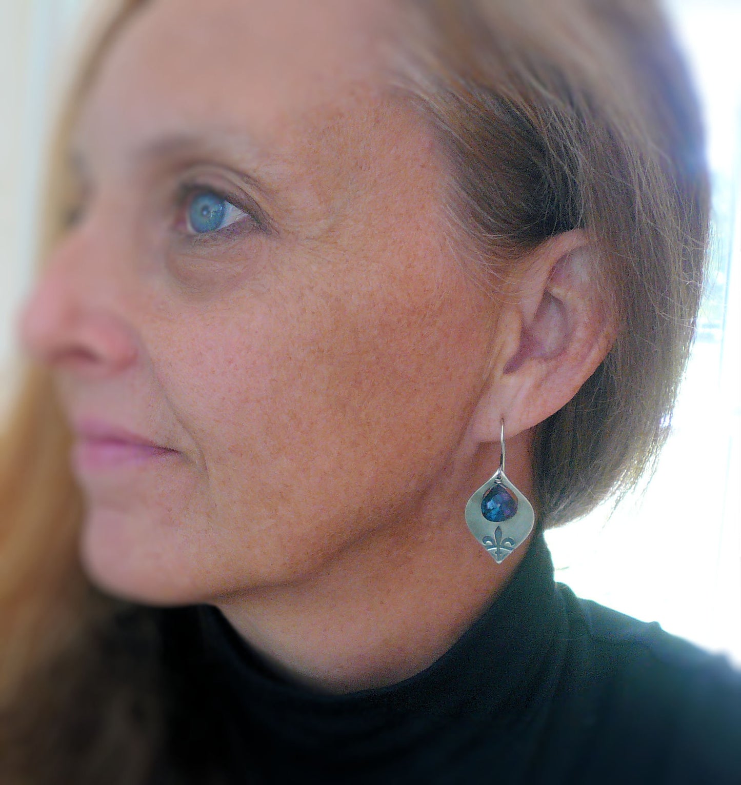 Creole Collection Drop Earrings- Spectrolite (Blue Labradorite). Oxidized Sterling and Fine Silver Dangle Earrings.