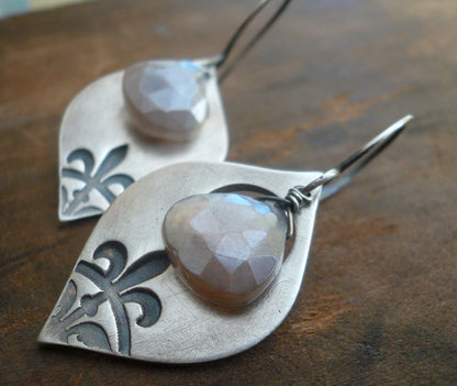Creole Collection Drop Earrings- Champagne Moonstone. Oxidized Sterling and Fine Silver Dangle Earrings. Handmade.