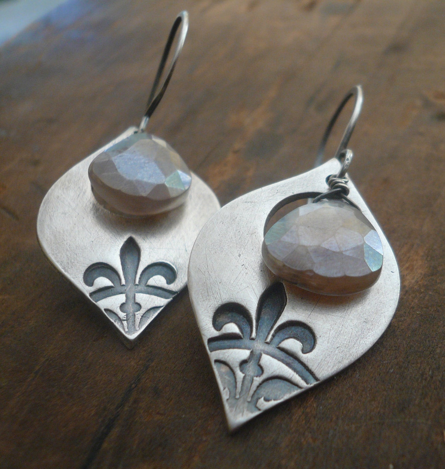 Creole Collection Drop Earrings- Champagne Moonstone. Oxidized Sterling and Fine Silver Dangle Earrings. Handmade.
