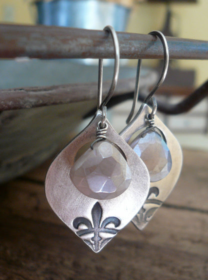 Creole Collection Drop Earrings- Champagne Moonstone. Oxidized Sterling and Fine Silver Dangle Earrings. Handmade.