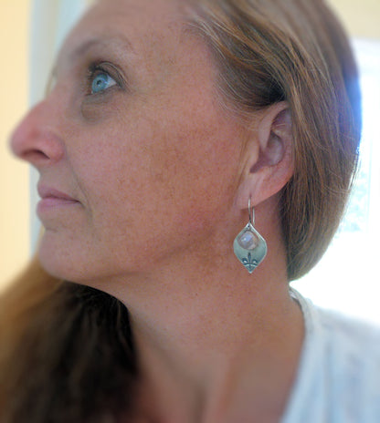 Creole Collection Drop Earrings- Champagne Moonstone. Oxidized Sterling and Fine Silver Dangle Earrings. Handmade.