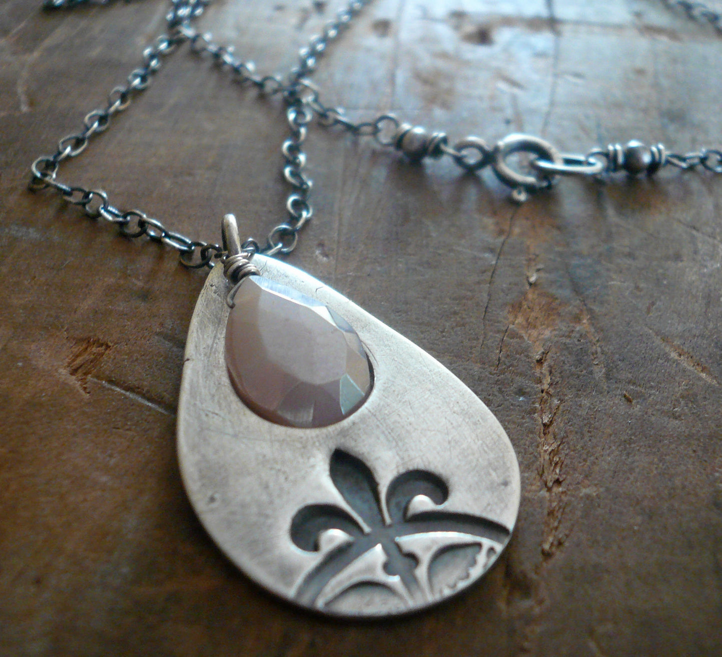 Creole Collection Necklace - Handmade. Champagne Moonstone. Oxidized Fine and Sterling Silver