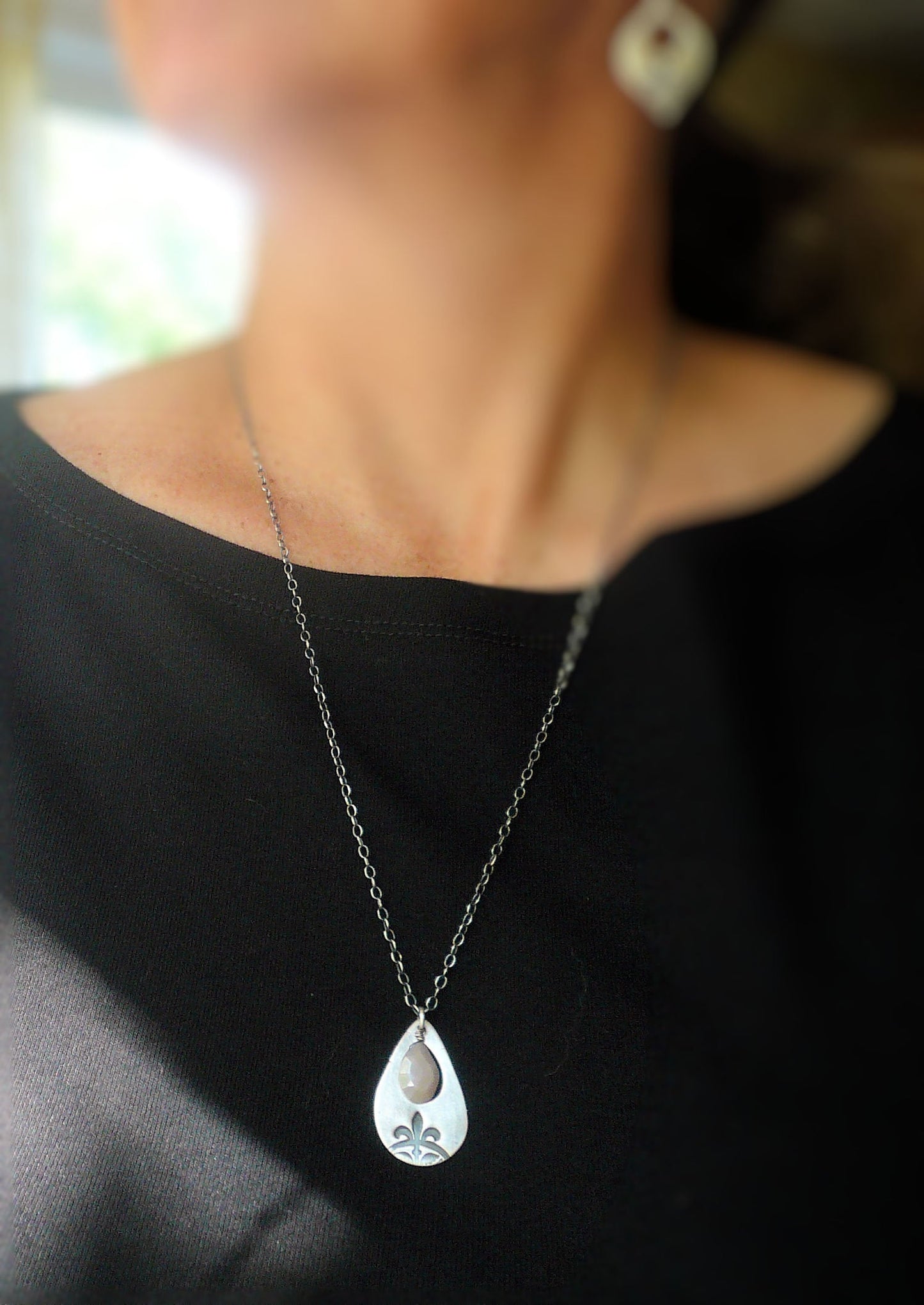 Creole Collection Necklace - Handmade. Champagne Moonstone. Oxidized Fine and Sterling Silver