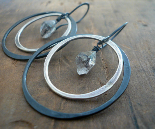 Outskirt Earrings - Handmade. Heavily Oxidized/ Black sterling silver Herkimer Diamond dangle earrings