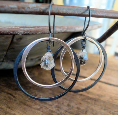Outskirt Earrings - Handmade. Heavily Oxidized/ Black sterling silver Herkimer Diamond dangle earrings