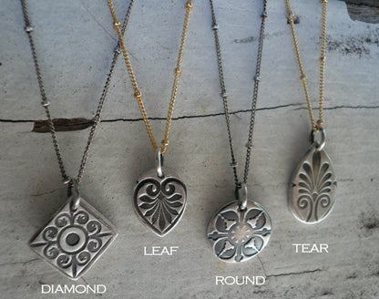 French Quarter Necklace -Tear- Oxidized fine silver and 14kt Goldfill or sterling silver chain. Handmade