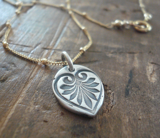 French Quarter Necklace -Leaf - Oxidized fine silver and 14kt Goldfill or sterling silver chain. Handmade