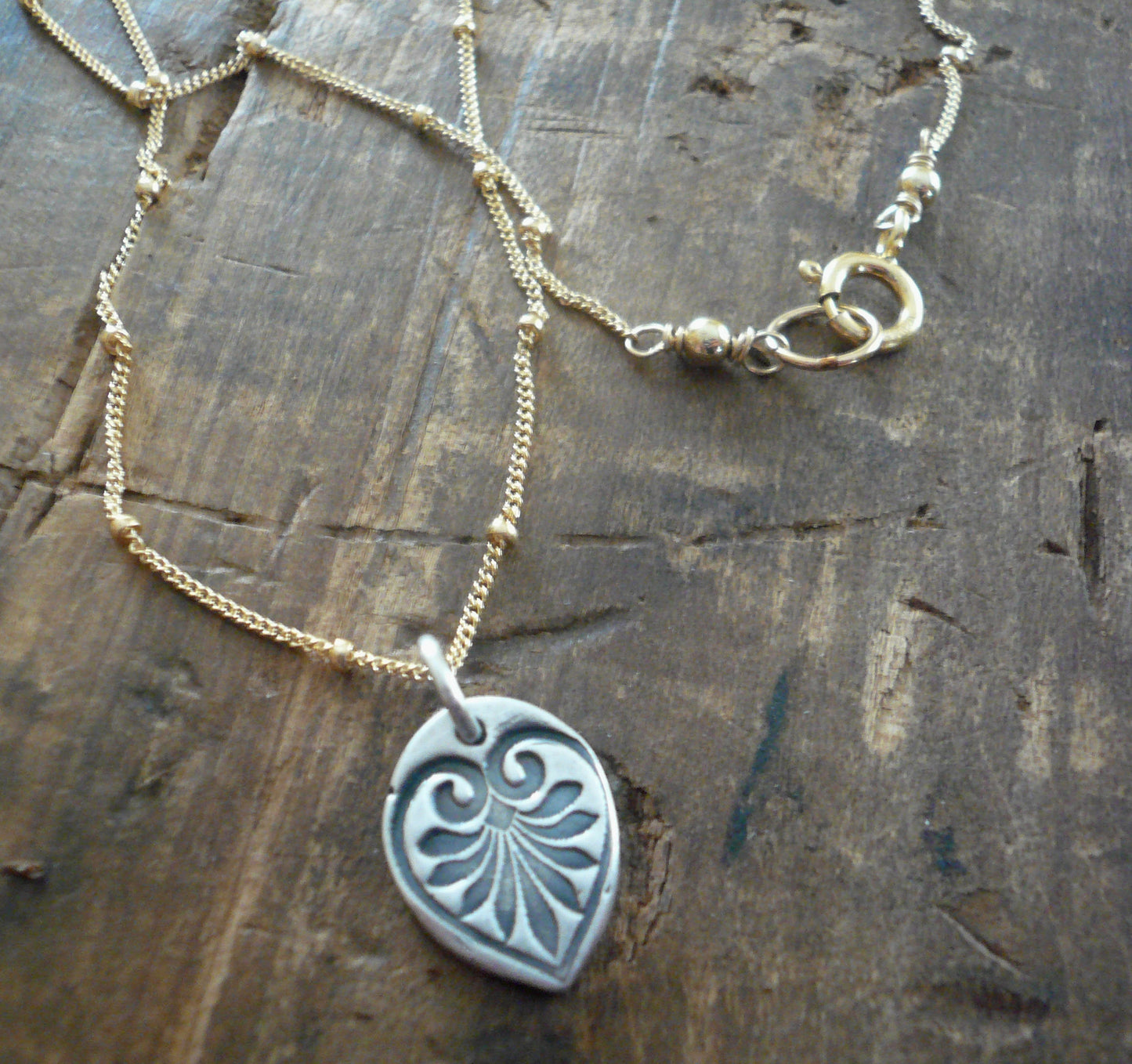 French Quarter Necklace -Leaf - Oxidized fine silver and 14kt Goldfill or sterling silver chain. Handmade