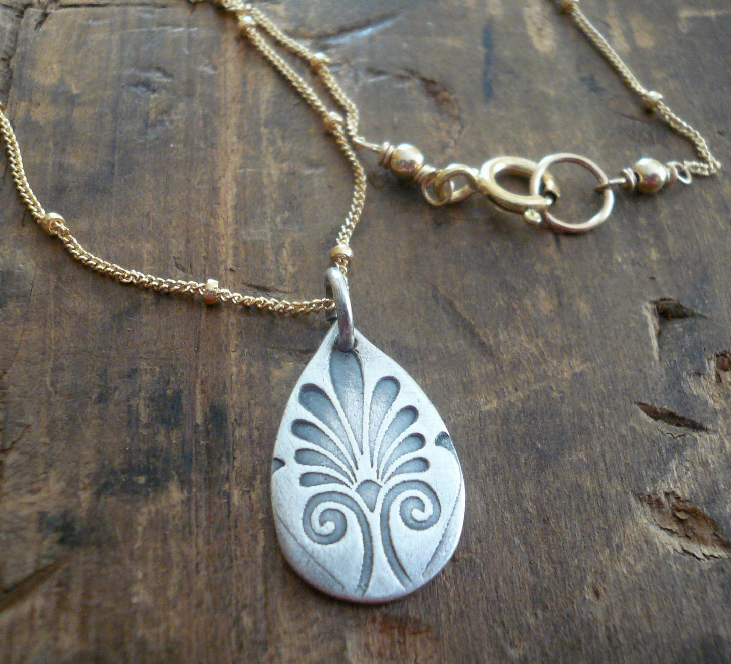 French Quarter Necklace -Tear- Oxidized fine silver and 14kt Goldfill or sterling silver chain. Handmade