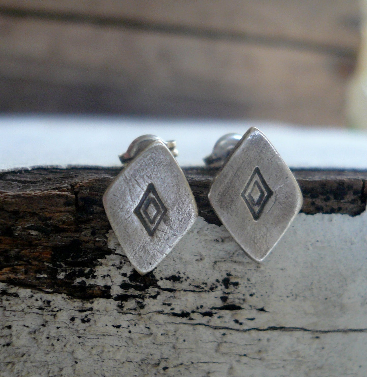 Diamond Stud Earrings- Oxidized Sterling and Fine Silver Post Earrings. Handmade.