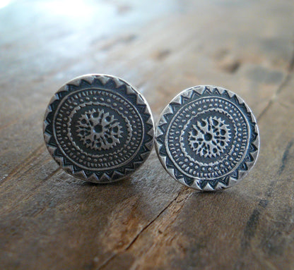 Medallion Style 2 Stud Earrings- Oxidized Sterling and Fine Silver Post Earrings. Handmade.