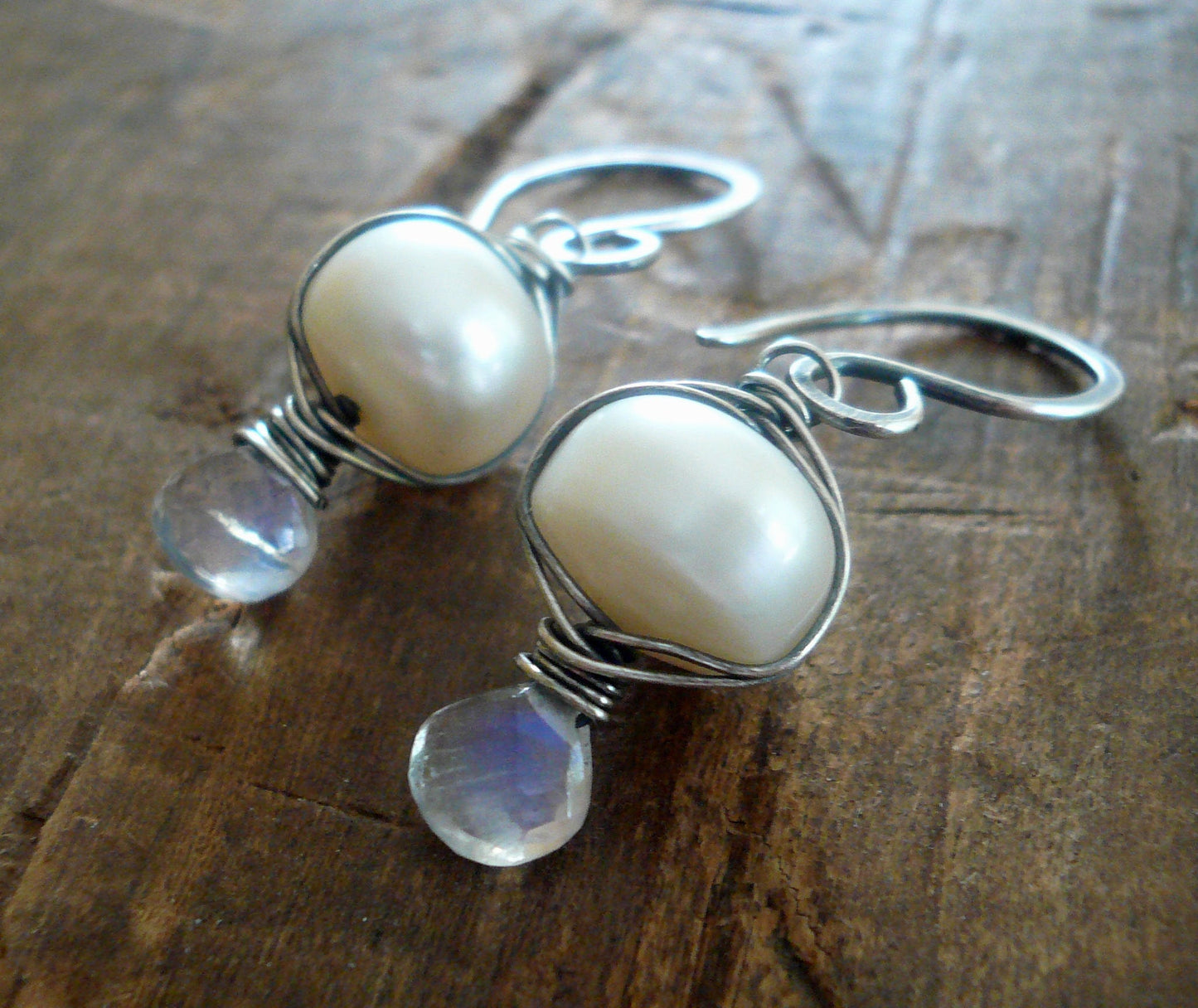 Scintilla - Oxidized sterling silver dangle Earrings. Wire Wrapped freshwater pearls and Moonstone. Handmade