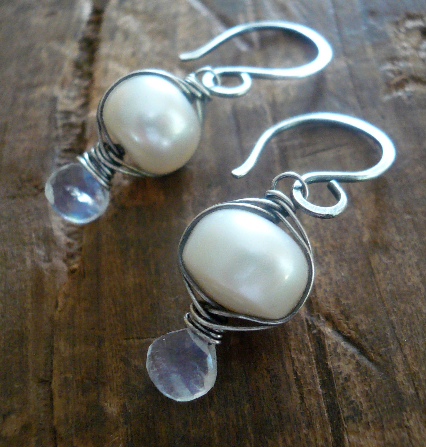 Scintilla - Oxidized sterling silver dangle Earrings. Wire Wrapped freshwater pearls and Moonstone. Handmade