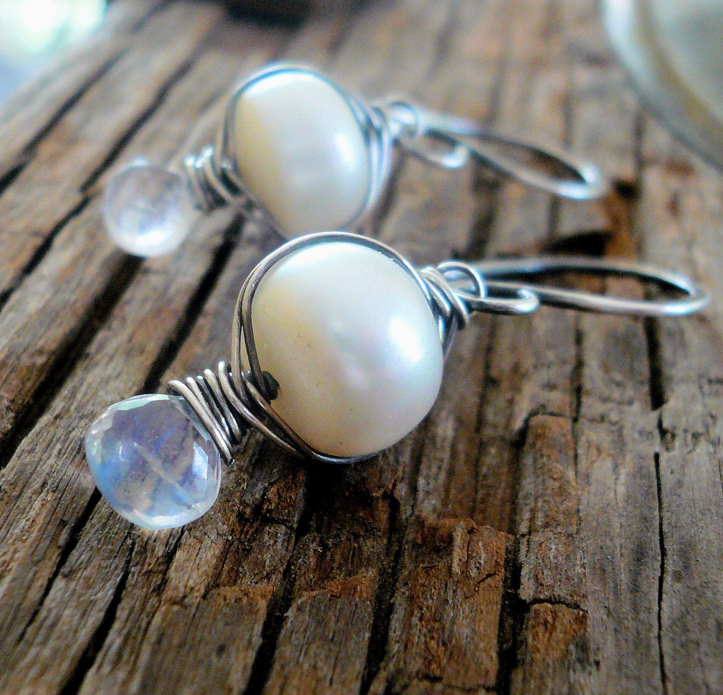 Scintilla - Oxidized sterling silver dangle Earrings. Wire Wrapped freshwater pearls and Moonstone. Handmade