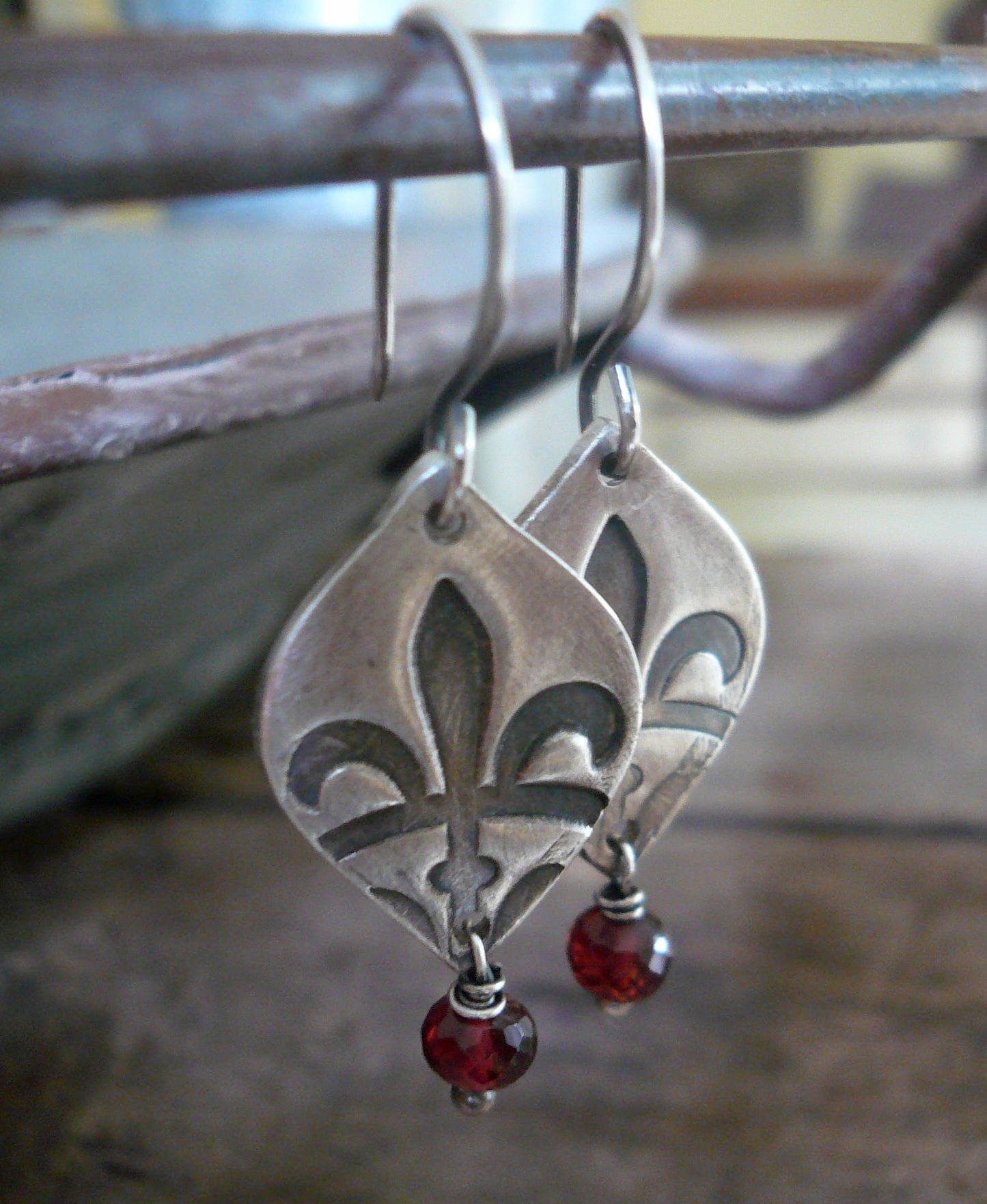Creole Collection Birthstone Earrings- Choice of Gemstones. Oxidized Sterling and Fine Silver Dangle Earrings. Garnet.