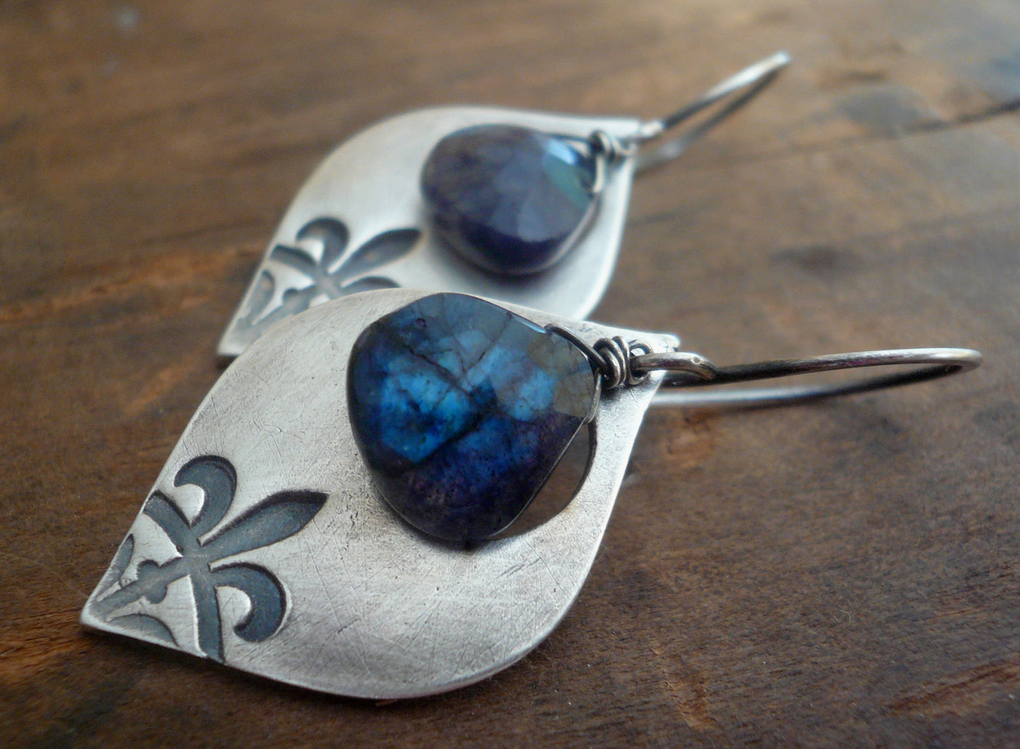 Creole Collection Drop Earrings- Spectrolite (Blue Labradorite). Oxidized Sterling and Fine Silver Dangle Earrings.