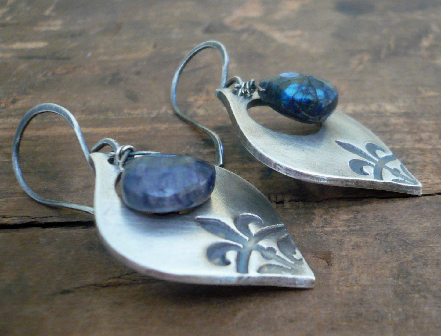Creole Collection Drop Earrings- Spectrolite (Blue Labradorite). Oxidized Sterling and Fine Silver Dangle Earrings.